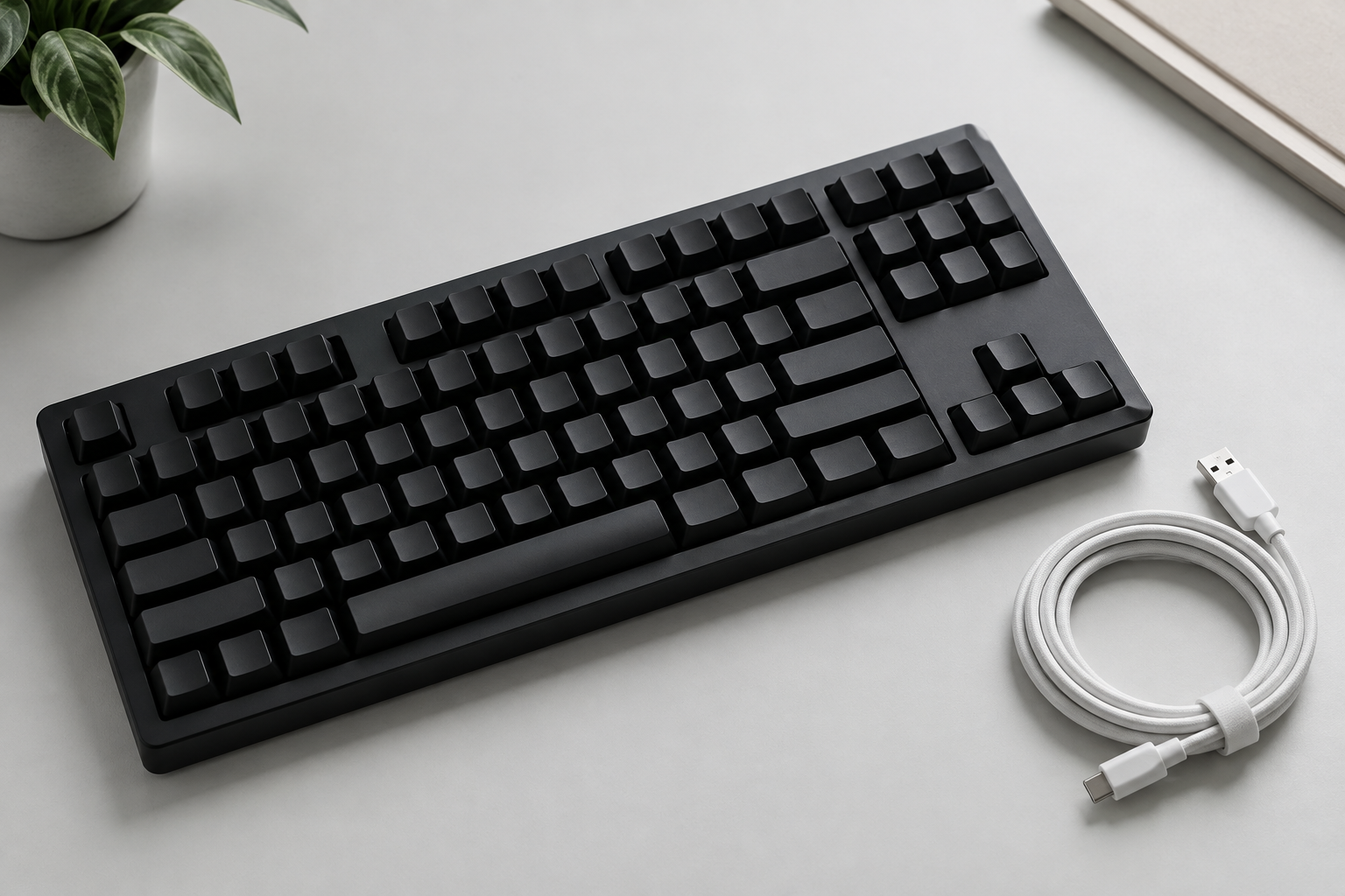 Black keyboard on a pale desk beside a coiled white cable.