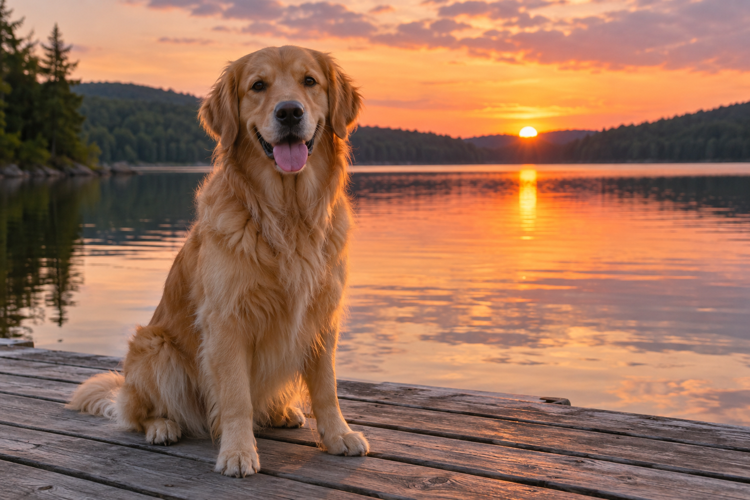 Golden retriever on a wooden dock beside a lake in warm sunset light.