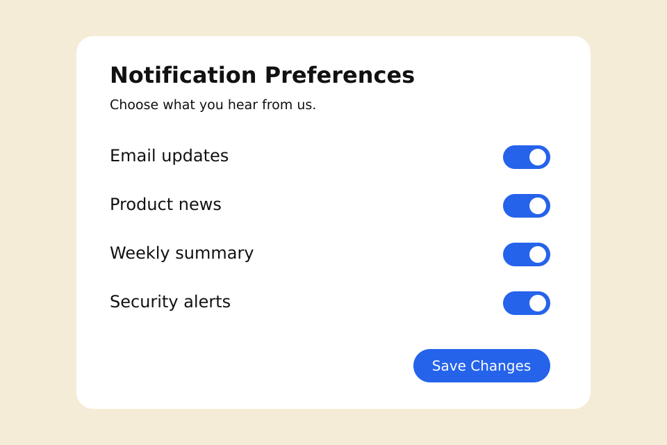 Notification preferences interface with four enabled options and a Save Changes button.