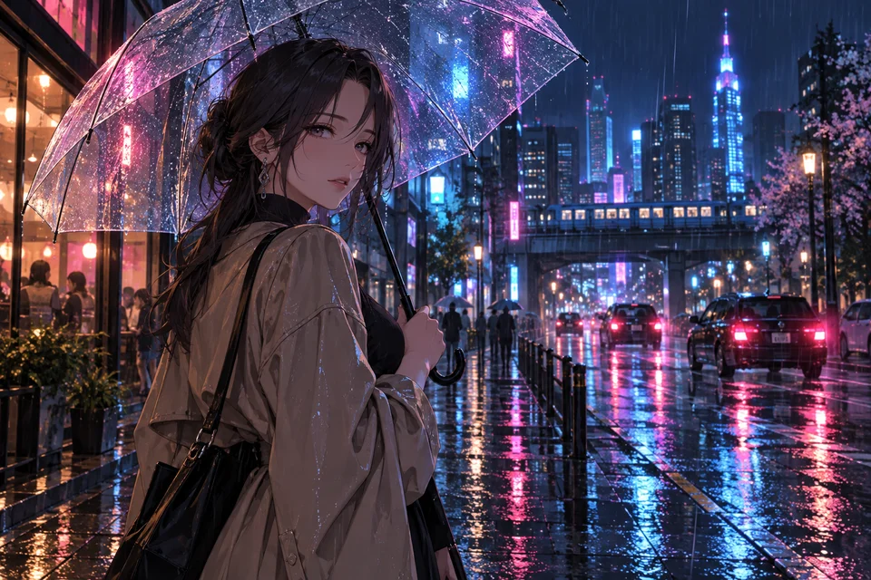 An illustrated woman holding a clear umbrella on a rainy street lit by blue and pink neon.
