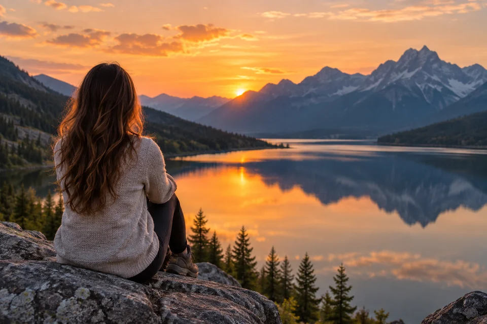 A woman sitting on rocks above a mountain lake beneath an orange sunset sky.