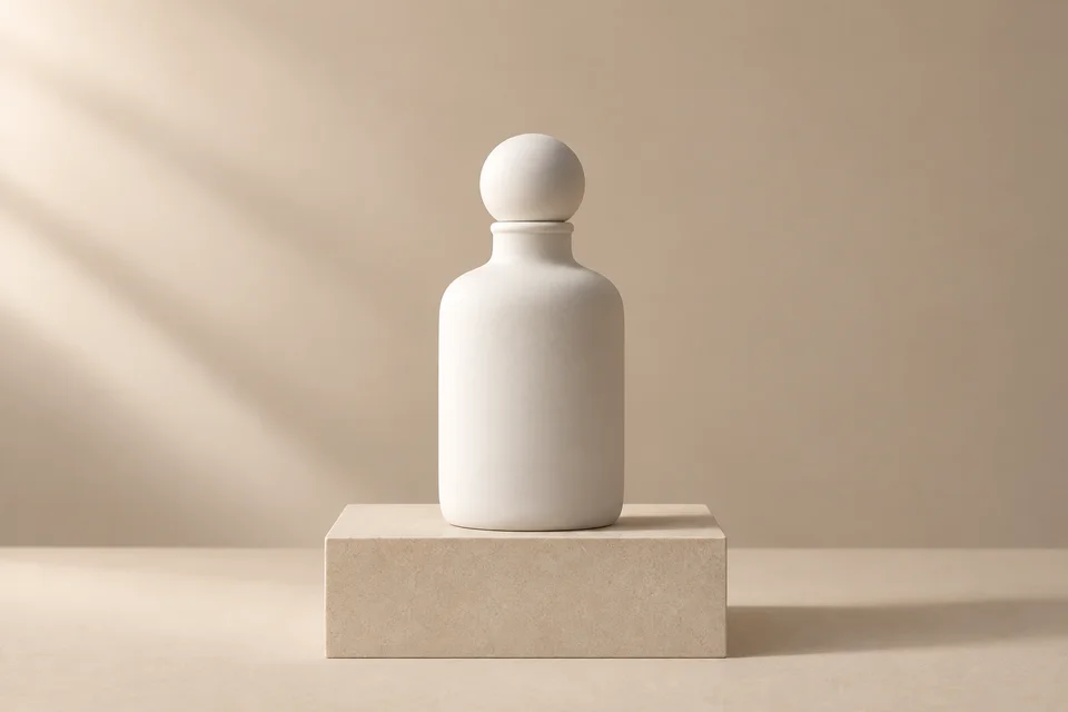 A matte white bottle with a round stopper on a beige rectangular pedestal.