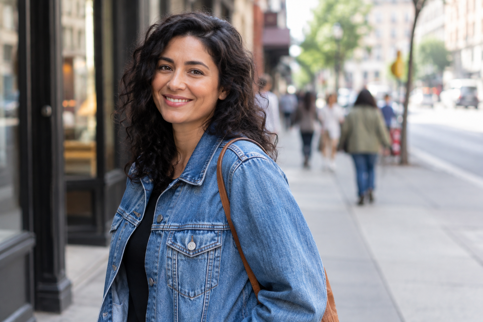 Smiling person with curly dark hair wearing a denim jacket on a city sidewalk.