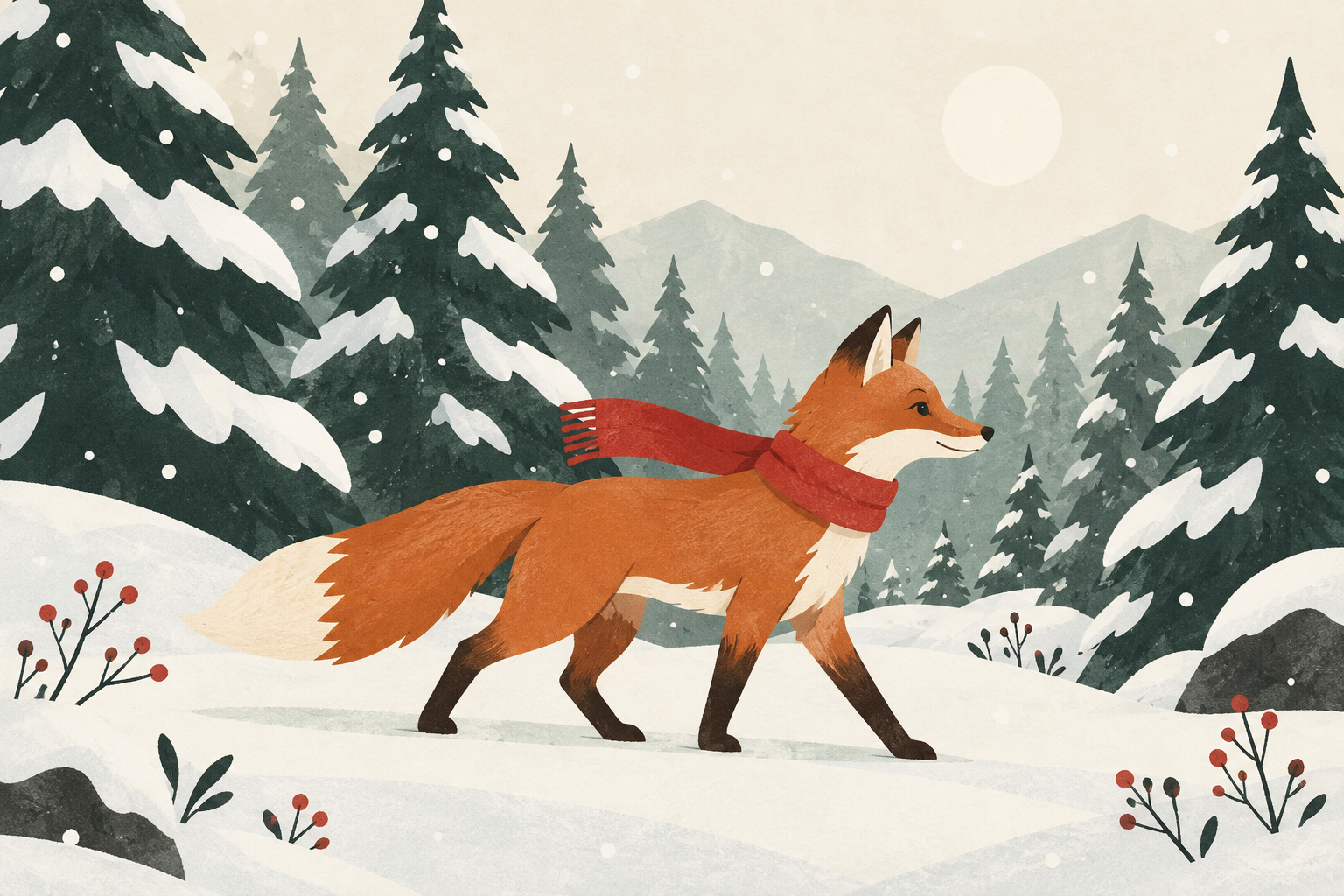 Orange fox wearing a red scarf in a snowy pine forest.
